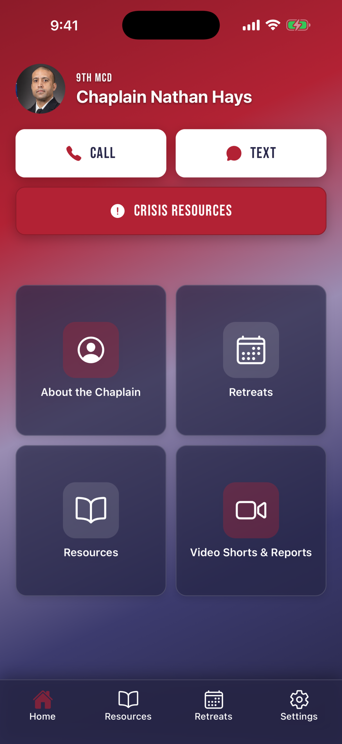 ChapApp home screen showing a district's assigned chaplain with call and text buttons