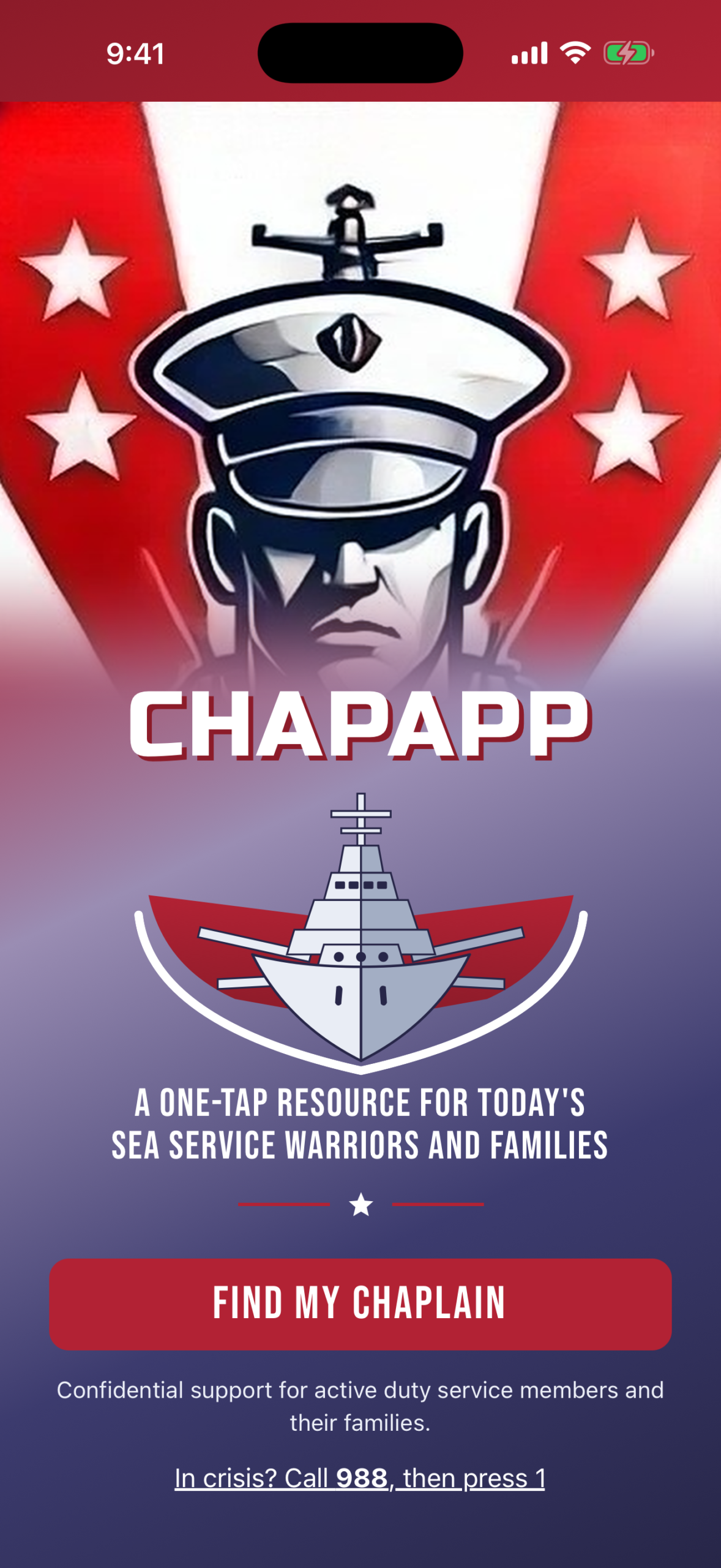 ChapApp welcome screen with Find My Chaplain button